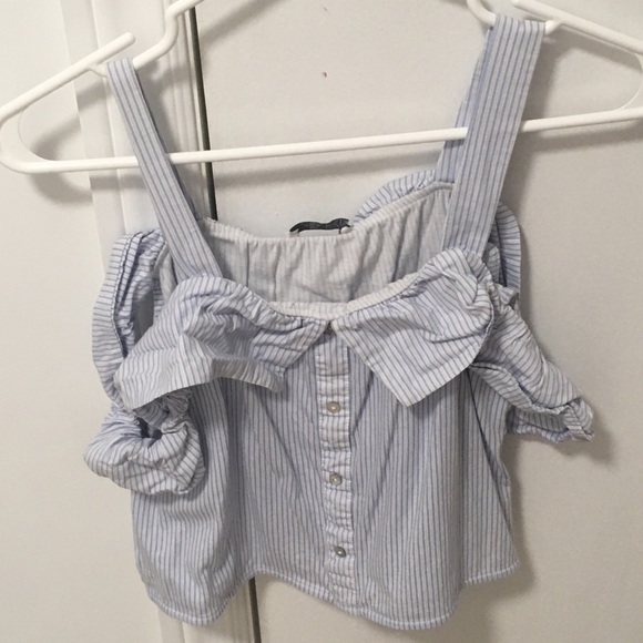 Zara Collections Blouse Top Casual Blue/White Women’s Size Small Shoulder Off - Picture 1 of 4